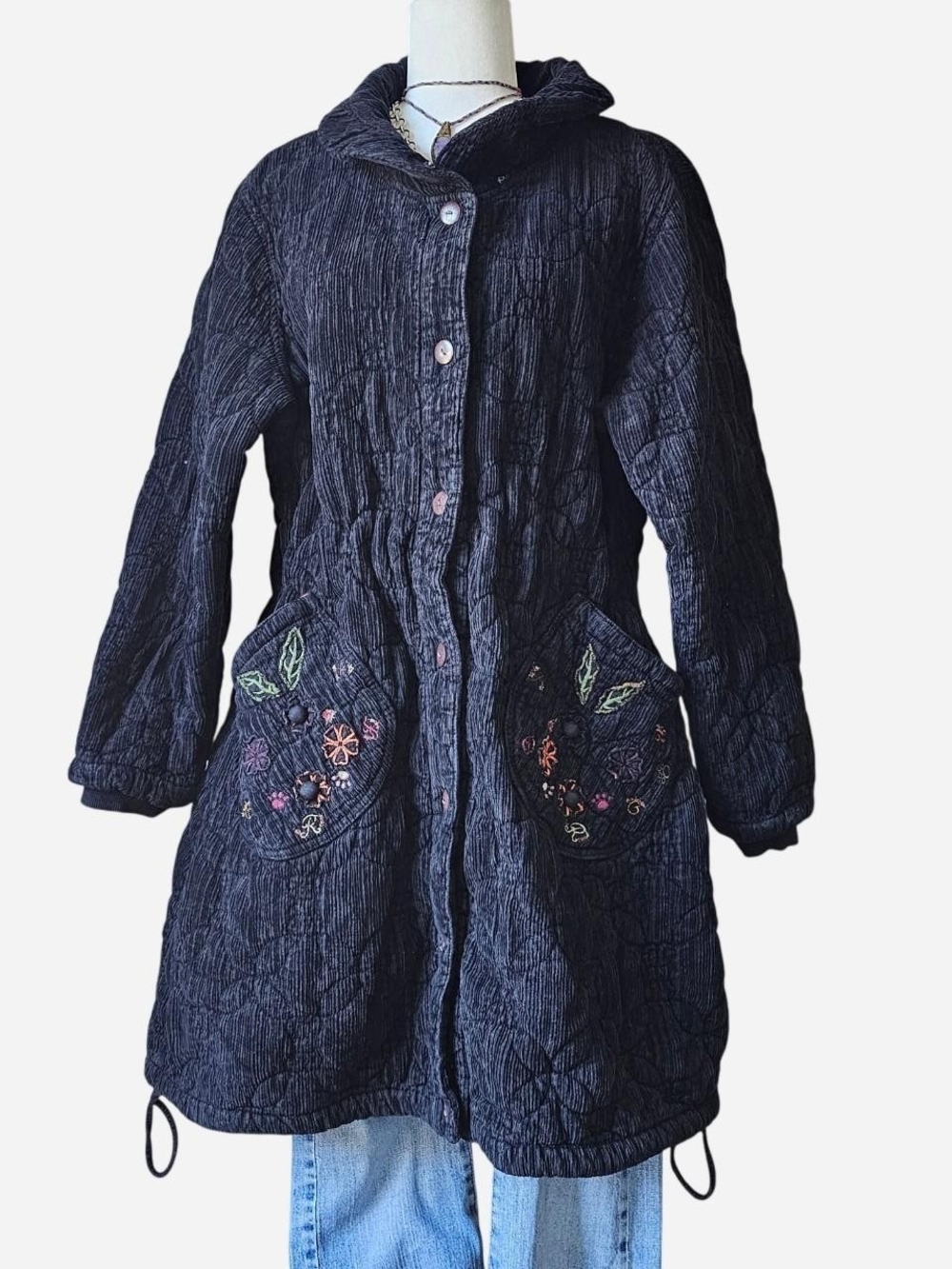 Vintage Corduroy Quilted Coat Jacket  With Teddy Bear Embroidery- Xlarge